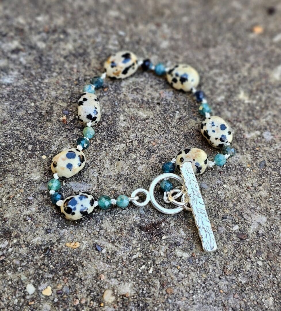 Blue tourmaline & Dalmatian jasper gemstone bracelet, stone BG, Isobel Kelly Jewellery