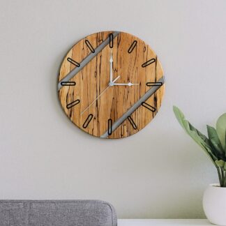 Spalted beech wall clock with clear resin inset and silver hands