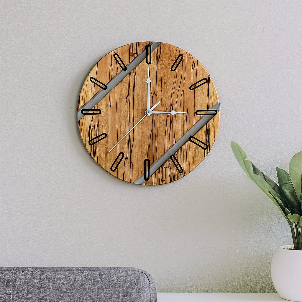 Spalted beech wall clock with clear resin inset and silver hands