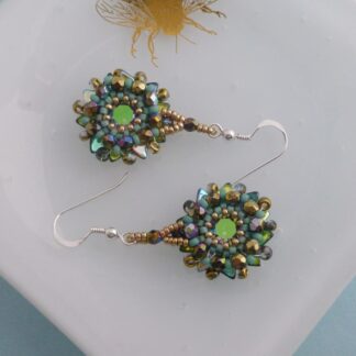 Handmade Gold and Green Beadwork Earrings