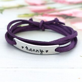 personalised name or word on an aluminium ID bar with a faux suede wrap style bracelet