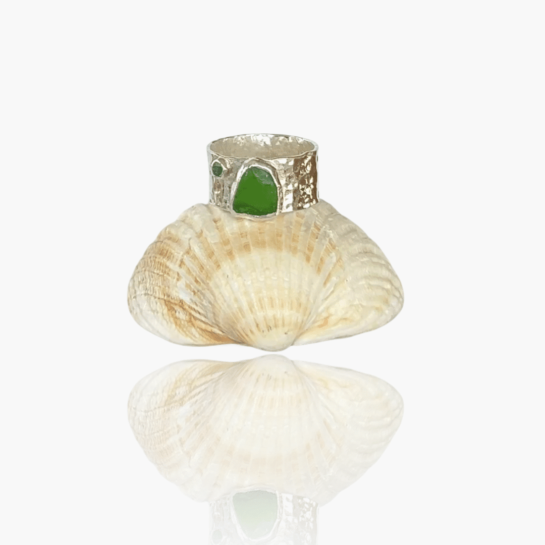 Sterling Silver Emerald Sea Glass Ring – Handmade Coastal Jewellery