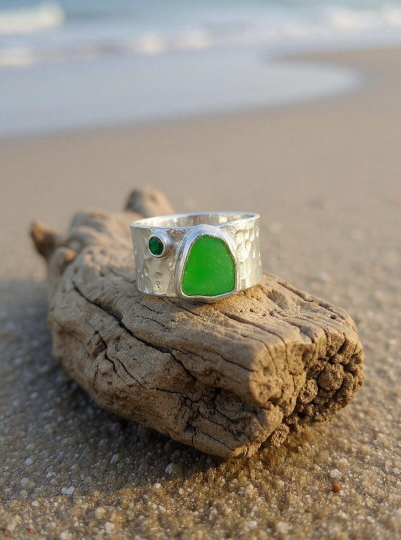 Sterling Silver Emerald Sea Glass Ring – Handmade Coastal Jewellery - Image 2