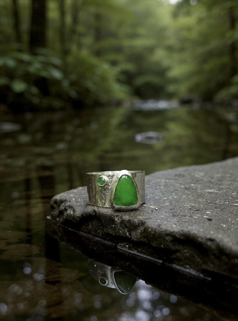 Sterling Silver Emerald Sea Glass Ring – Handmade Coastal Jewellery - Image 3