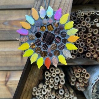 Warm and Cheerful, sunflower mosaic on slate - a bright handmade garden decoration.