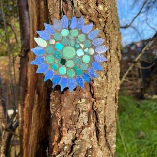 Artisan Mosaic Flower - slate-backed garden hanging, gift for design-led outdoor spaces.