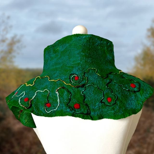 Christmas Berries Cowl Poncho Handmade Felt Reversible Neckwarmer - Image 2