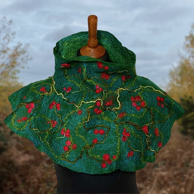 Christmas Berries Cowl Poncho Handmade Felt Reversible Neckwarmer - Image 3