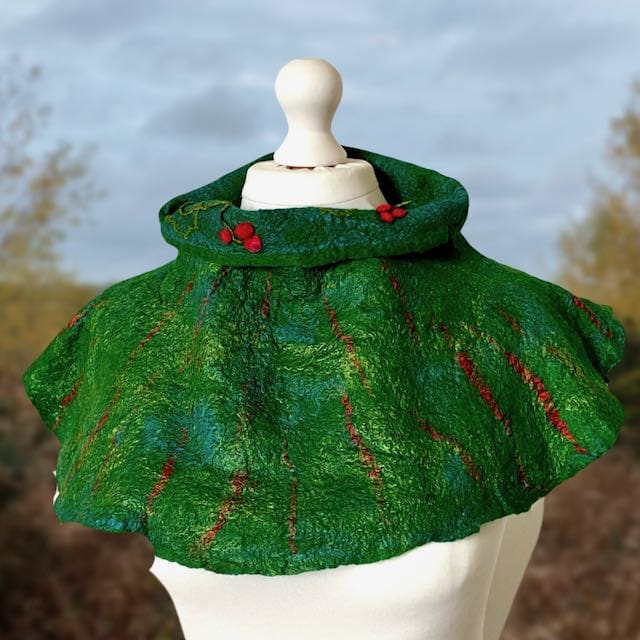 Christmas Berries Cowl Poncho Handmade Felt Reversible Neckwarmer - Image 4