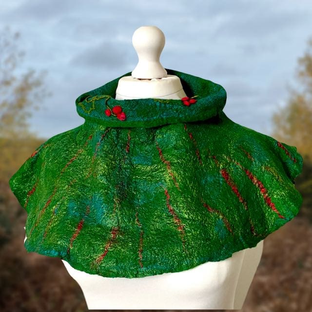 Christmas Berries Cowl Poncho Handmade Felt Reversible Neckwarmer - Image 5