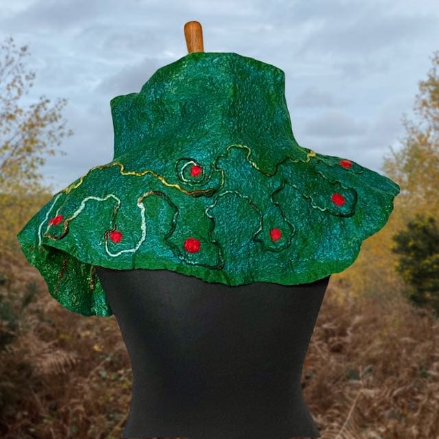 Christmas Berries Cowl Poncho Handmade Felt Reversible Neckwarmer - Image 6