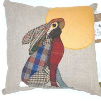 Tweed applique moon gazing hare with gold moon on linen
