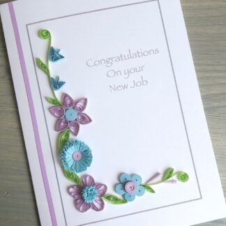 Quilled new job congratulations handmade card with blue and lilac flowers