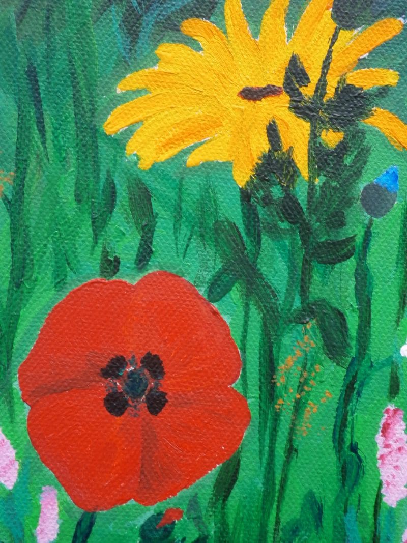 Wild flowers acrylic painting on cavas with poppies, daisies, cornflowers and ceramic butterfly - Image 3
