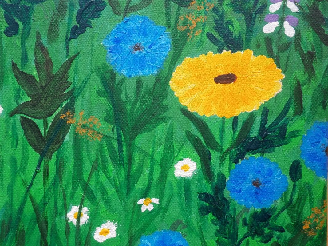 Wild flowers acrylic painting on cavas with poppies, daisies, cornflowers and ceramic butterfly - Image 2