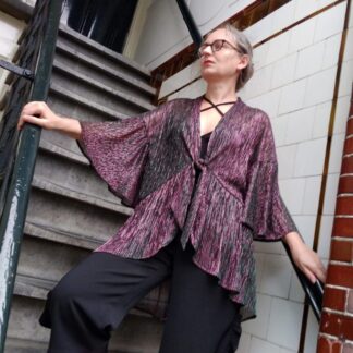 evening kimono shrug in purple-burgundy plisse fabric