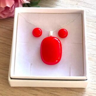 Bright Red Jewellery Set - Matching Earrings and Necklace - Fused Glass