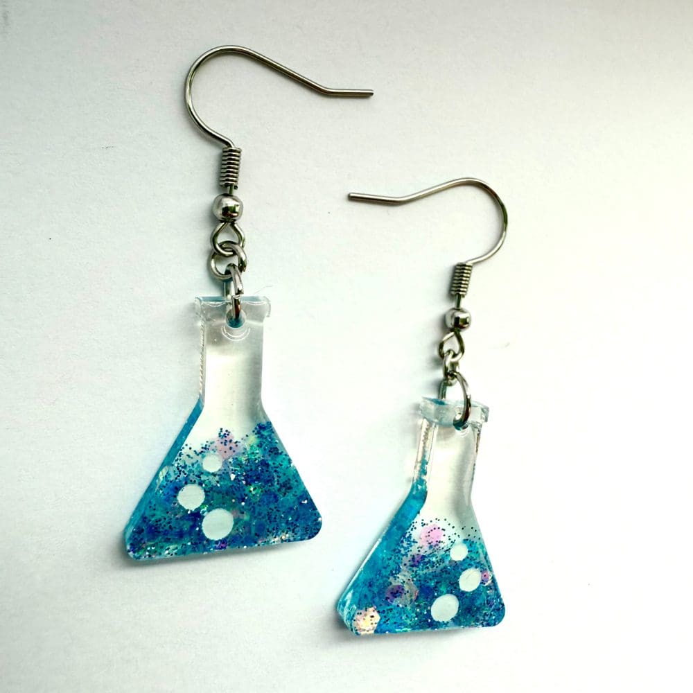 Aqua Conical Flask Earrings — Sparkly Blue Handmade Science Jewellery - Image 7