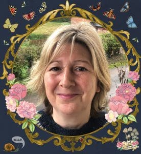 Portrait of the artist inside a decorative hand-illustrated frame with florals, butterflies and botanical motifs.