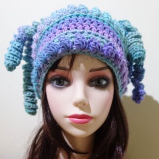 blue beanie hat with tassels