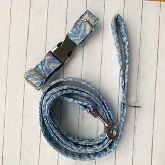 Dog Collar and Lead Set in William Morris “Willow Bough” design. (Colour - sea breeze)