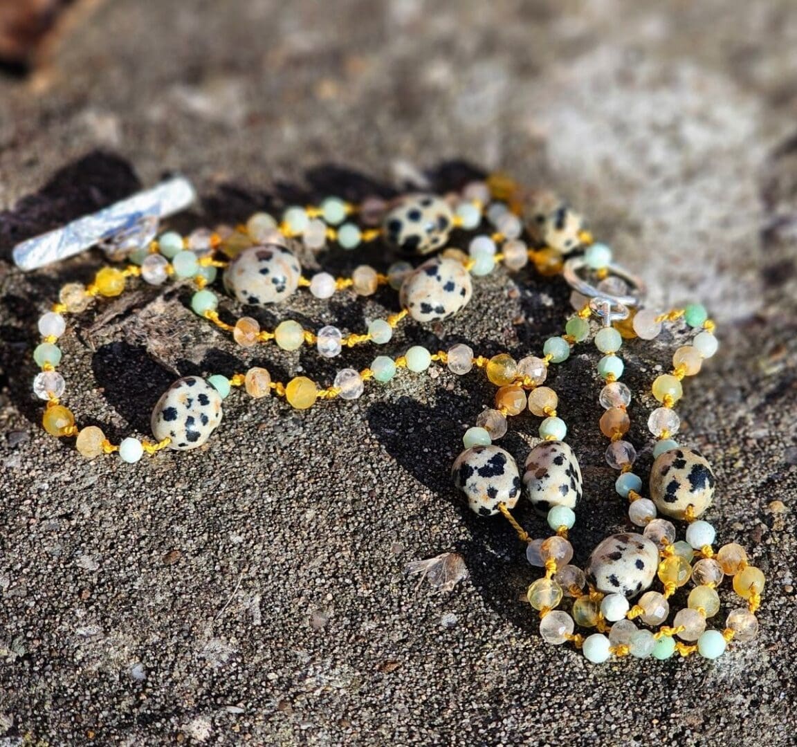 Chrysoprase, yellow opal, rutilated quartz and Dalmatian jasper, stone, Isobel Kelly Jewellery