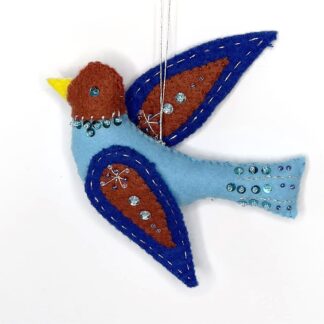 Snowbird hanging christmas tree decoration in two shades of blue felt with embroidery and sequins