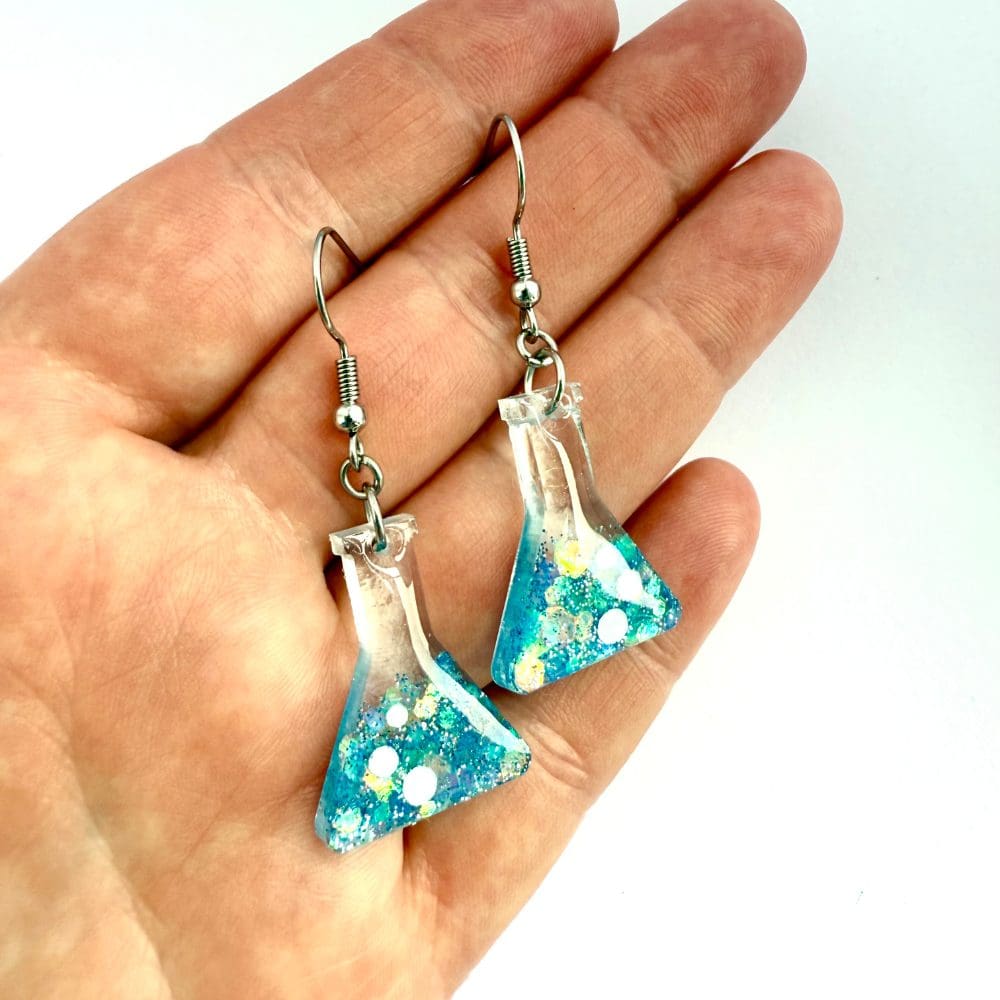 Aqua Conical Flask Earrings — Sparkly Blue Handmade Science Jewellery - Image 6