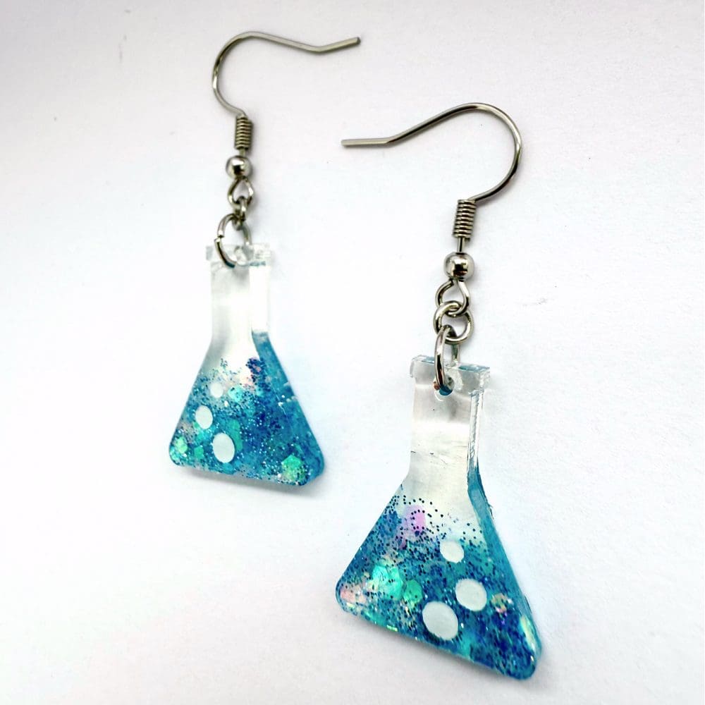 Aqua Conical Flask Earrings — Sparkly Blue Handmade Science Jewellery - Image 8
