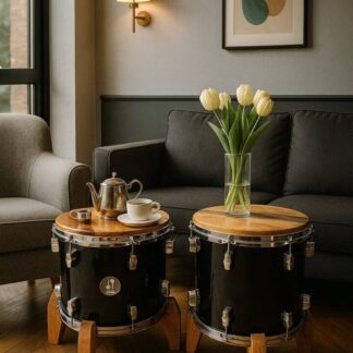 Upcycled Sonor Drum Side Tables in European Walnut & Resin