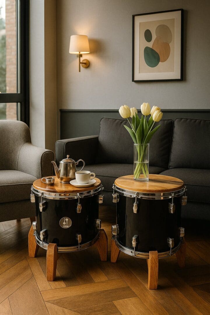 Upcycled Sonor Drum Side Tables in European Walnut & Resin
