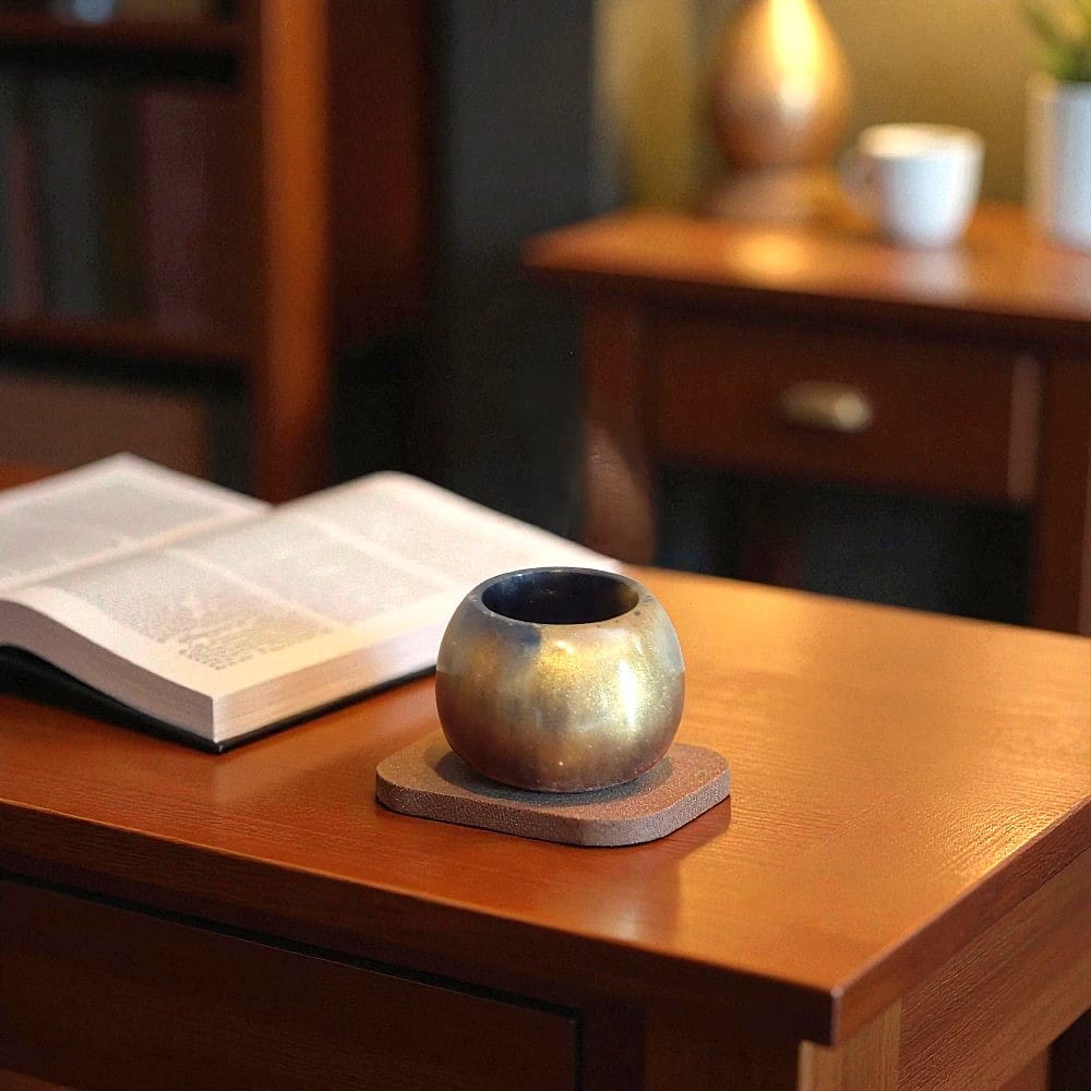 Round black and gold resin pot on a wooden coaster on top of a wooden desk. To the left of the pot is an open book. In the background is a small wooden table with a drawer. On the table is a lamp, a plant and next to it is a bookcase.