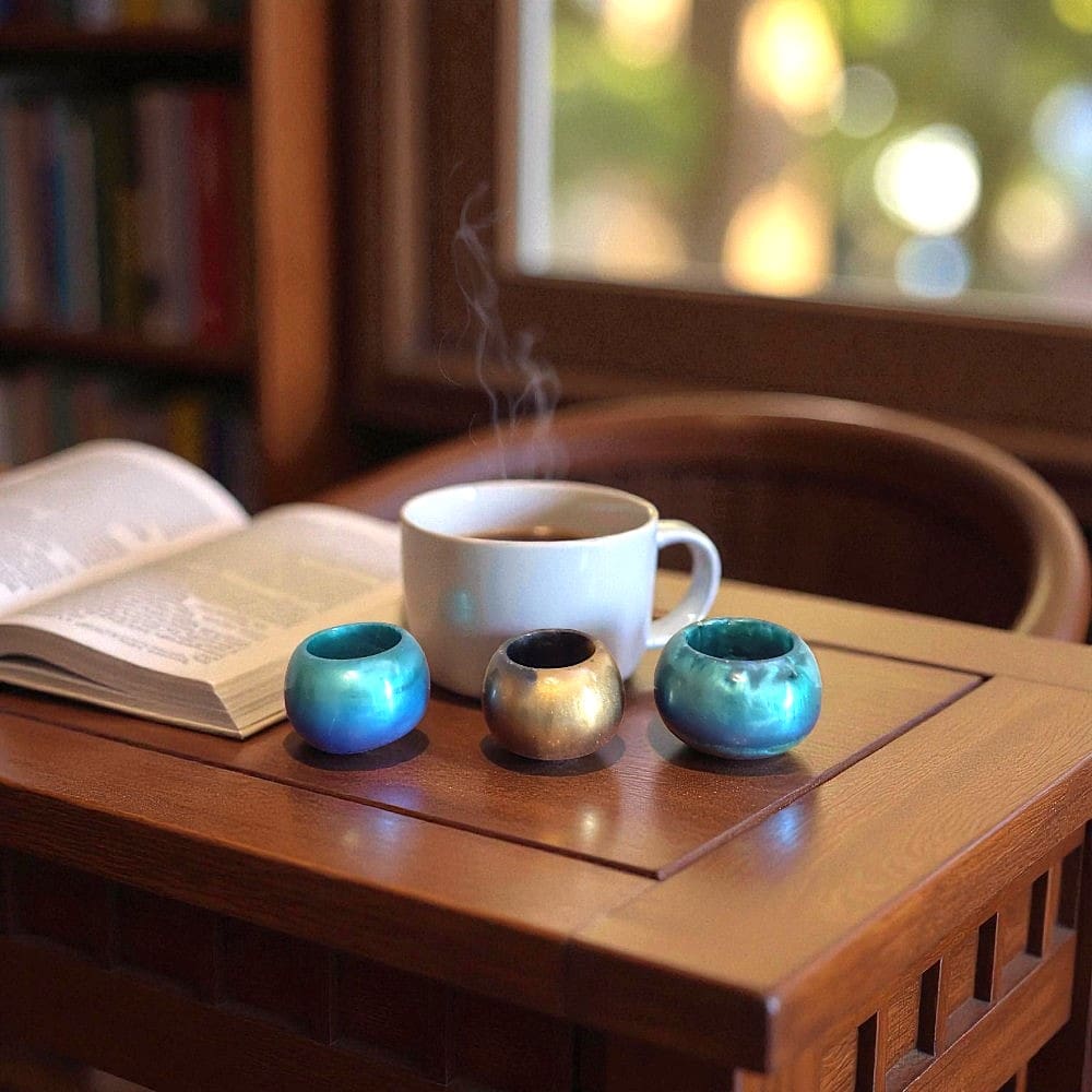 Three round pots, two smaller ones and one slightly larger. One small and the larger one are blue and green. The middle pot is black and gold. They are on a wooden desk next to an open book. They are in front of a steaming mug. In the background is a blurred window and bookcase.