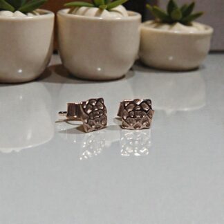 Silver studs with a celtic knot design, sitting on a shiny white surface with small plant pots in the background