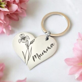 Birth Flower Heart Keyring 40mm – Custom Gift for Mum, Mummy, Nan, Auntie, Friend.