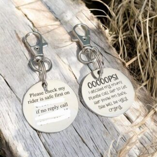 Bridle, Saddle and Headcollar tags, safety for if you fall off your horse. Personalised with your own text. Including lobster Clasp.