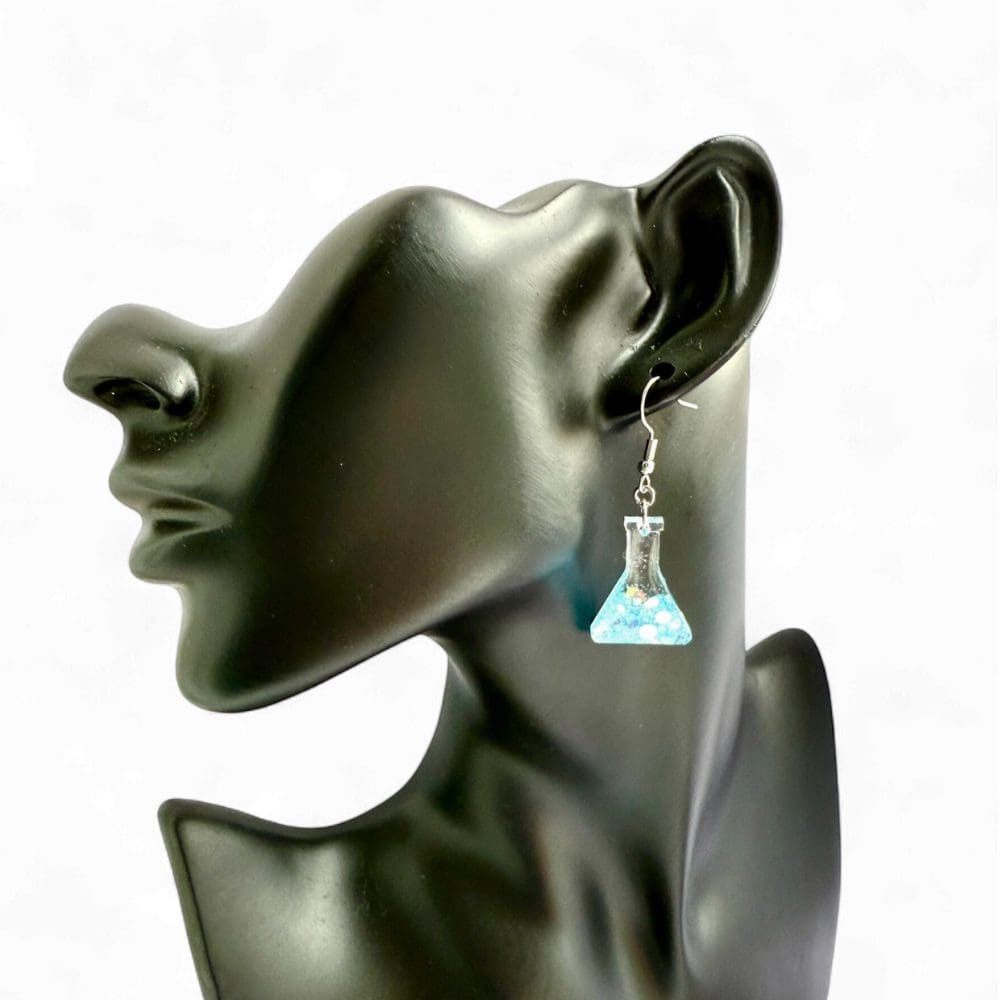 Aqua Conical Flask Earrings — Sparkly Blue Handmade Science Jewellery - Image 3