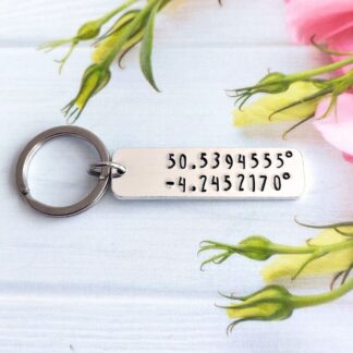slim rectangular keyring hand-stamped with personalised coordinates