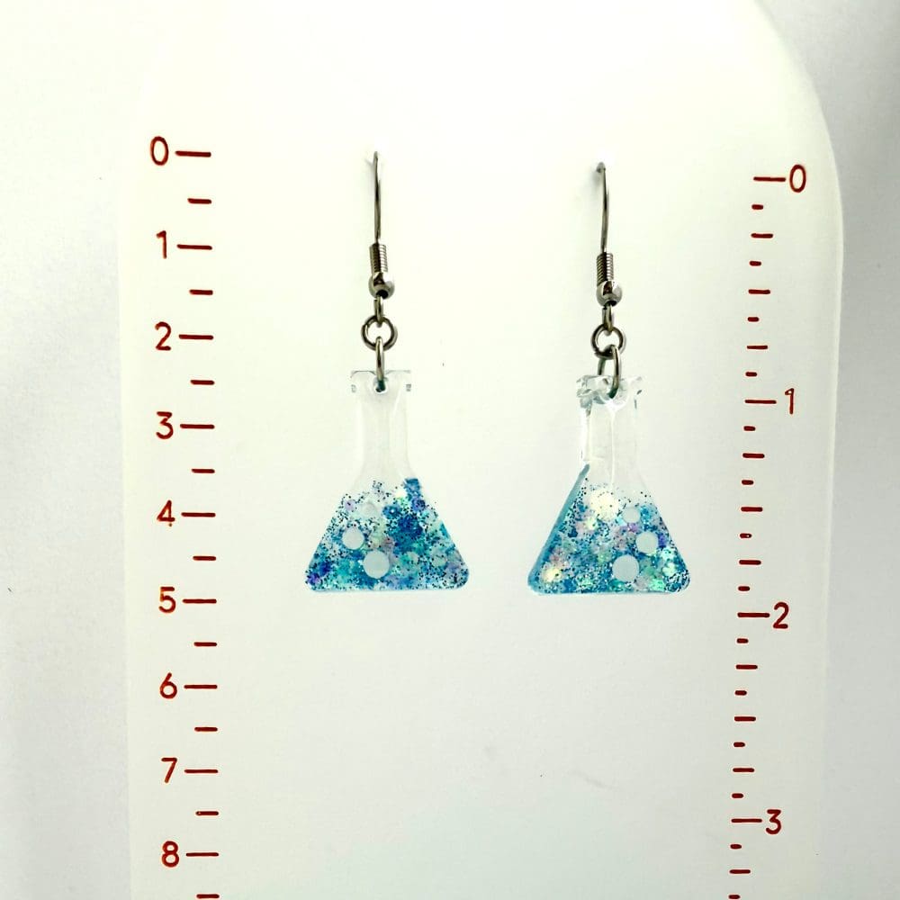 Aqua Conical Flask Earrings — Sparkly Blue Handmade Science Jewellery - Image 2