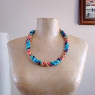 chunky fabric necklace in blue and orange