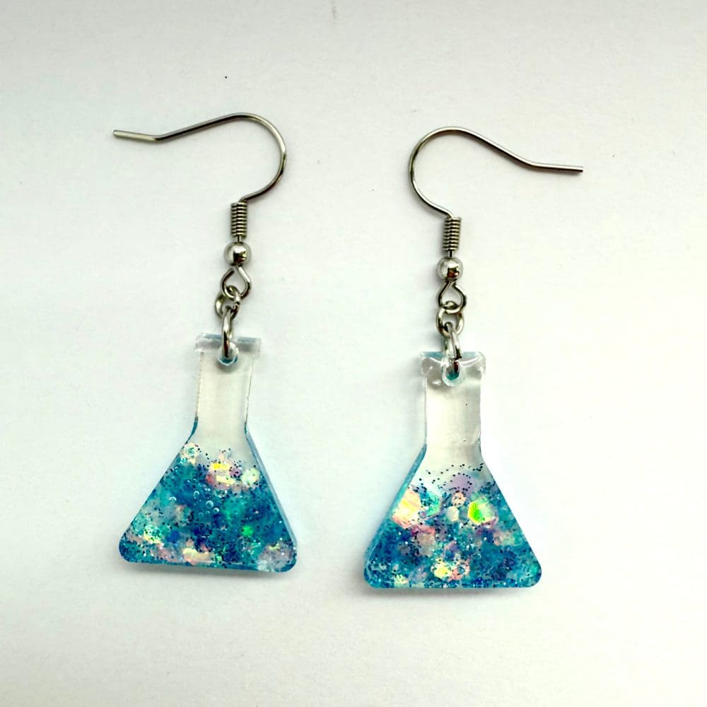 Aqua Conical Flask Earrings — Sparkly Blue Handmade Science Jewellery - Image 9