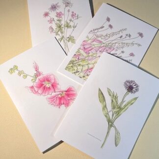 A collection of 4 greetings cards laying flat, with flowers on the front. English cottage garden flowers in pinks and purples.