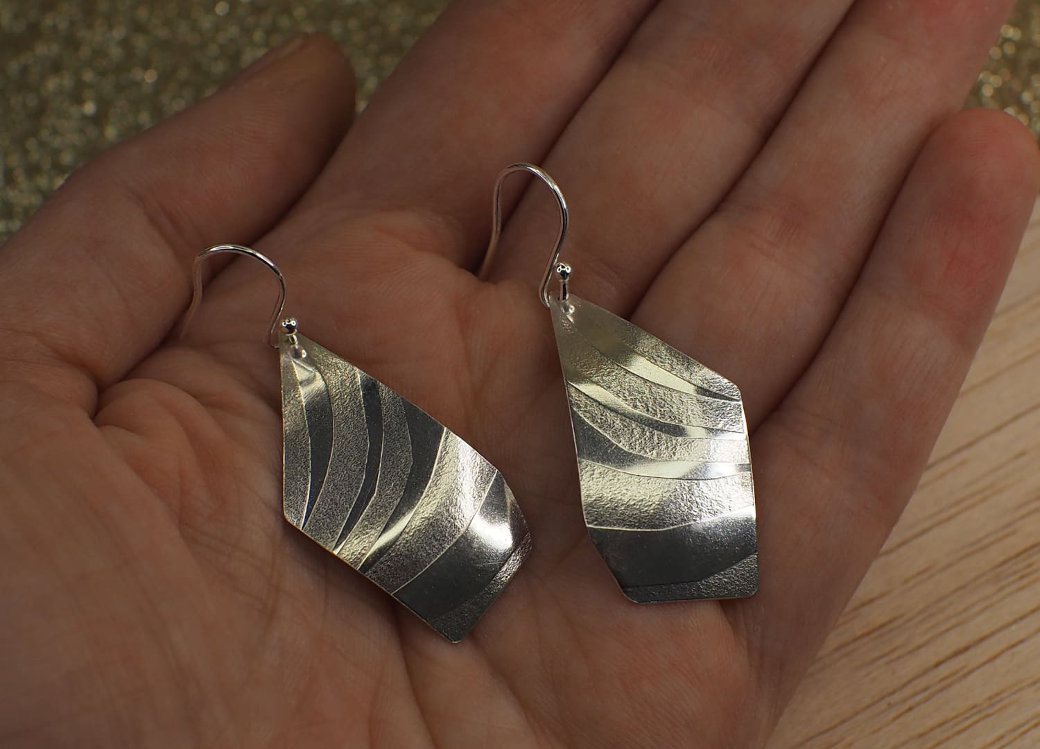 Handmade Silver Dangle Earrings with Unique Tiger Stripe Texture - Image 5