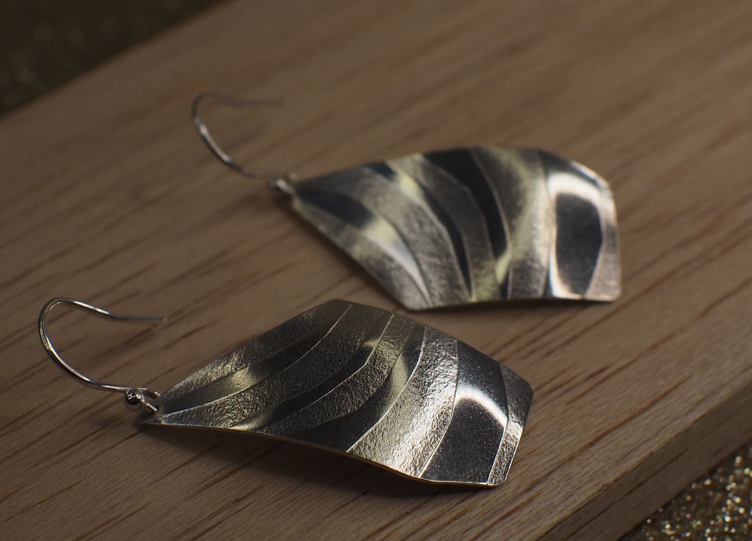 Handmade Silver Dangle Earrings with Unique Tiger Stripe Texture - Image 3