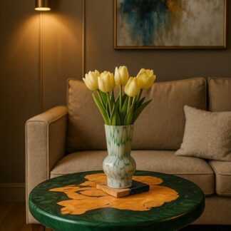 Olive Wood & Emerald Resin Side Table with Hairpin Legs