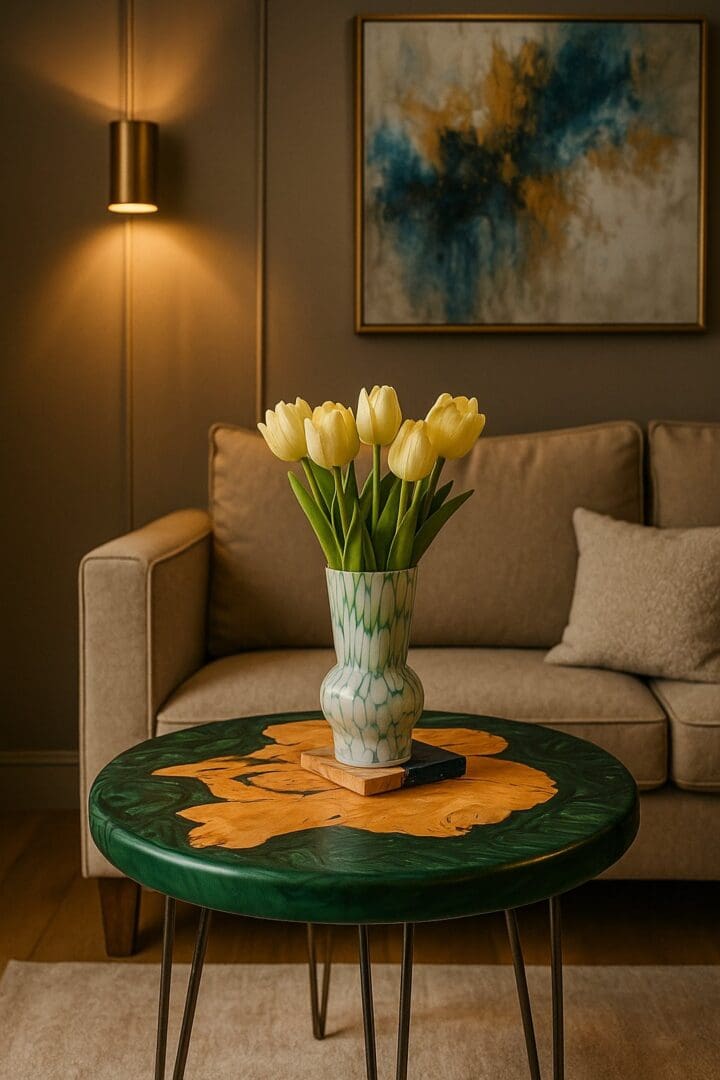 Olive Wood & Emerald Resin Side Table with Hairpin Legs