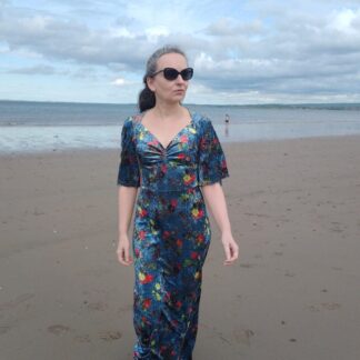 evenng dress in blue velour with floral print