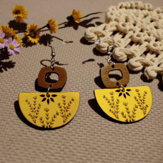 Boho Wooden Flower Semi Circle Dangle Earring