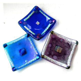 Fused glass dishes dichroic blue turquoise plum