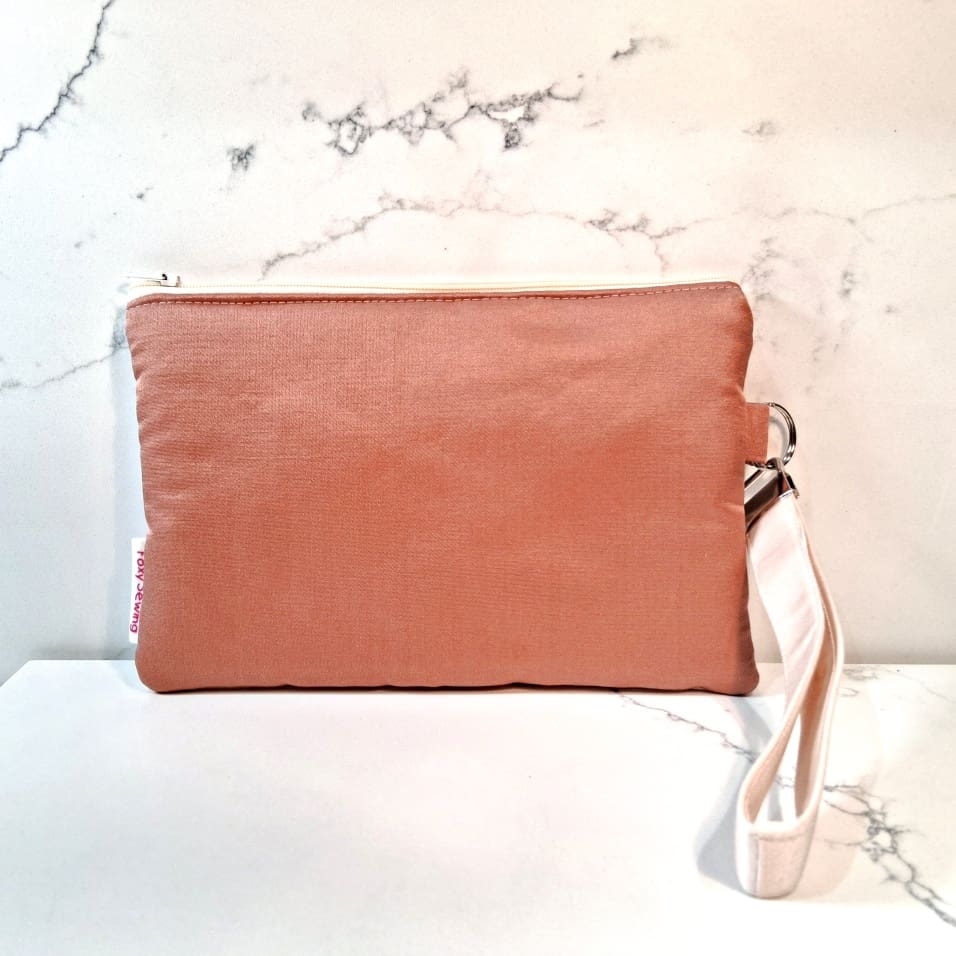 Pale Pink Floral Recycled Silk Japanese Kimono Obi Zip Clutch Purse with Wristlet Strap - Image 2